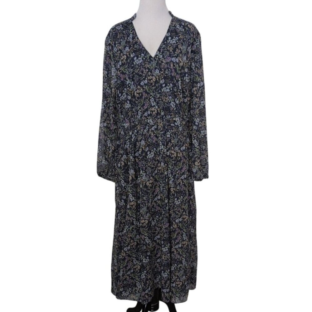 Lands End Floral Midi Dress Womens Size Large Blue Belted V Neck Cottagecore